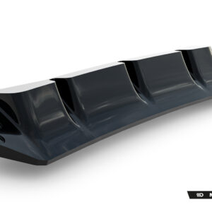 Black automotive rear diffuser with multiple vertical fins on a white background, showing an aero accessory for a car.