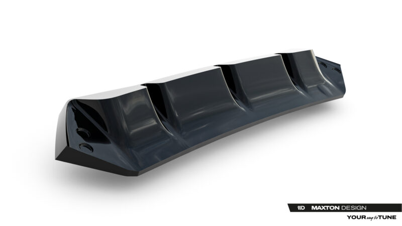 Black automotive rear diffuser with multiple vertical fins on a white background, showing an aero accessory for a car.