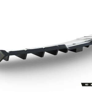 Long metallic automotive rear diffuser with multiple fins, shown on a white background; Maxton Design branding visible.