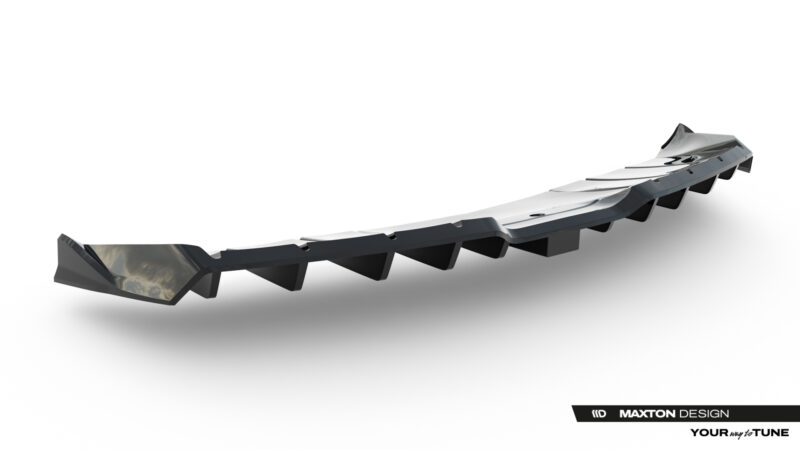 Long metallic automotive rear diffuser with multiple fins, shown on a white background; Maxton Design branding visible.