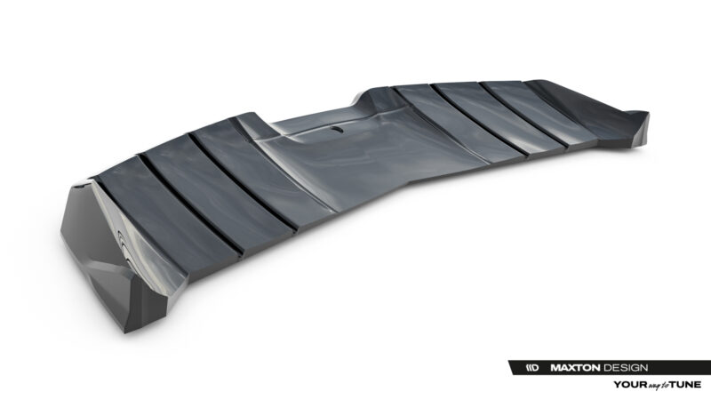 Glossy dark gray, segmented automotive aero part (diffuser/splitter) laid on a white background with a curved profile.