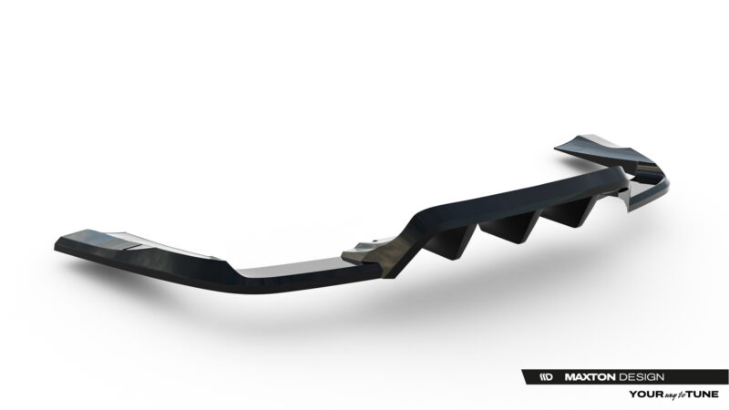 Curved black car bumper lip on a white background with Maxton Design branding and slogan 'Your way to tune'.