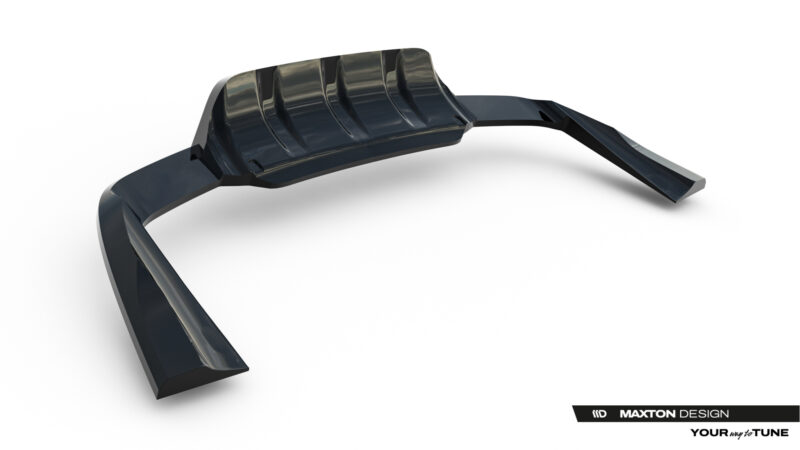 Dark glossy automotive aero part with multiple fins, likely a diffuser or spoiler, branding visible in the corner (Maxton Design).
