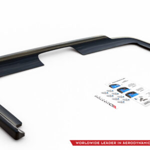 Curved black automotive window frame part shown on a white background with a product sheet nearby and a brand logo in the corner, highlighting an aerodynamic component.