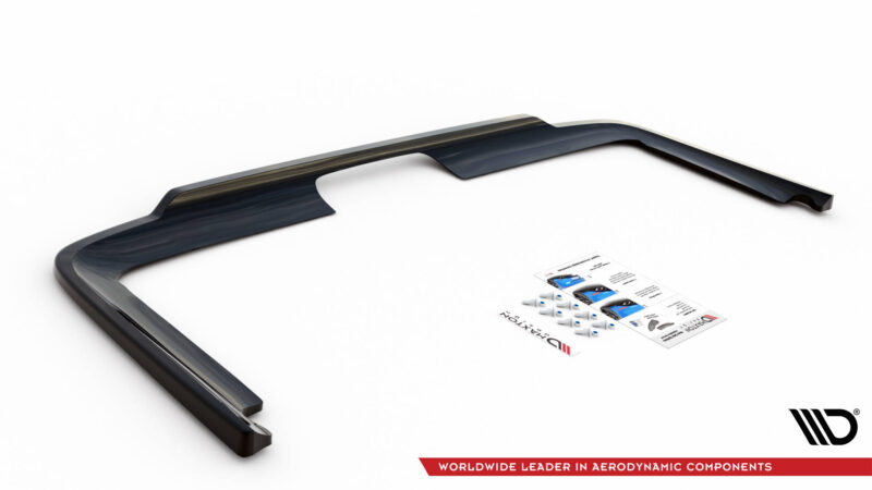 Curved black automotive window frame part shown on a white background with a product sheet nearby and a brand logo in the corner, highlighting an aerodynamic component.