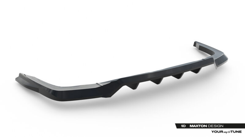 3D-rendered dark gray automotive rear spoiler viewed from the side, set against a white background with Maxton Design branding.