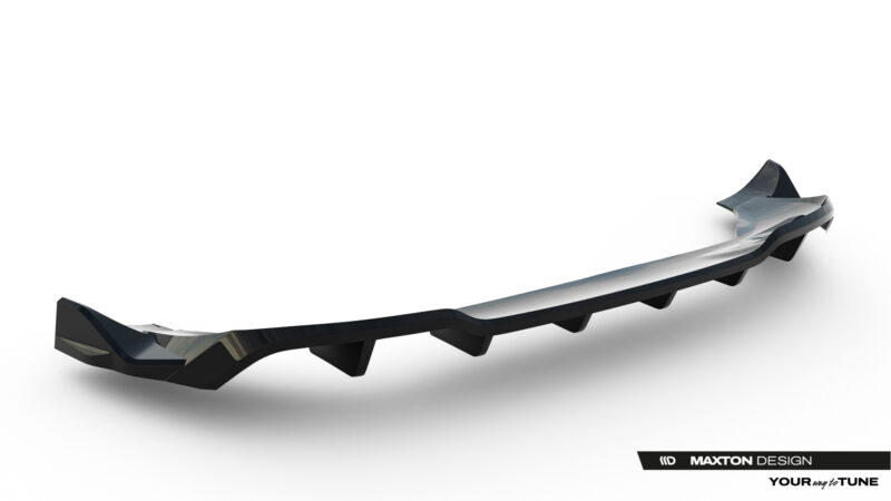 Long black curved car diffuser/spoiler against a white studio background, with Maxton Design branding visible in the bottom-right corner.