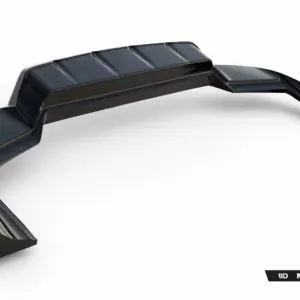 Curved black automotive rear spoiler with fins, shown on a white studio background. Maxton Design branding at bottom corner.