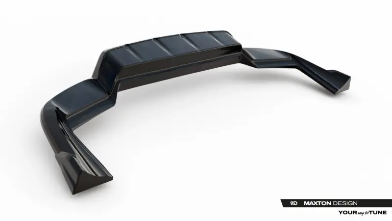 Curved black automotive rear spoiler with fins, shown on a white studio background. Maxton Design branding at bottom corner.