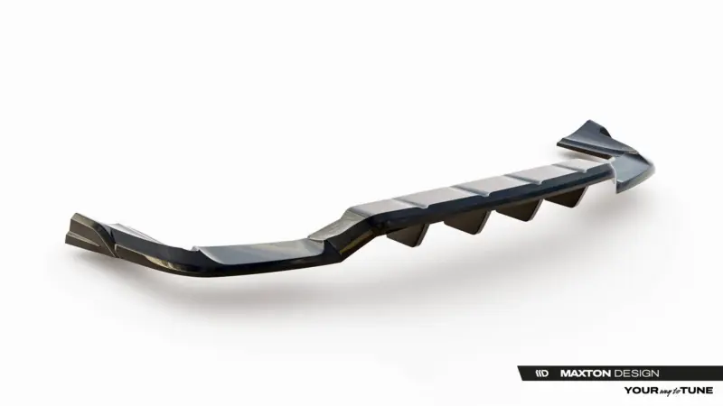 Glossy black car spoiler with multiple fins, shown diagonally on a white background; Maxton Design branding in the corner.