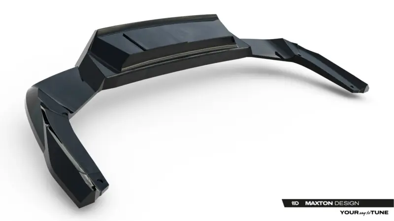 Close-up of a black futuristic-looking sunglasses frame with wide central bridge and curved temples on a white background (Maxton Design watermark).