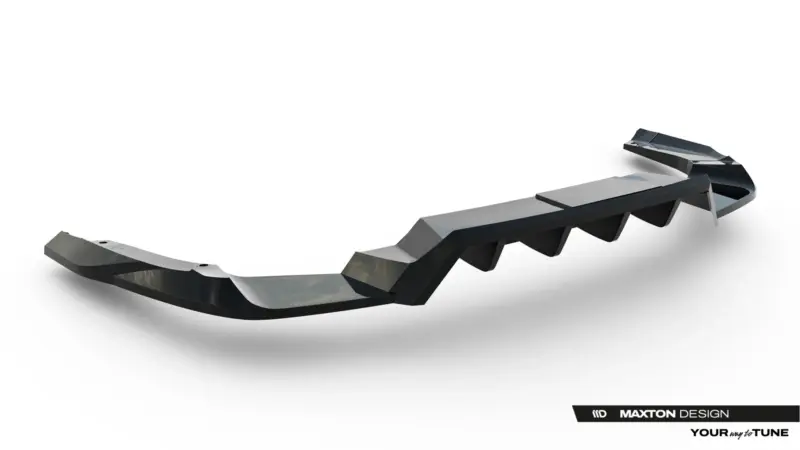 Curved, interlocking metallic panels forming an aerodynamic car body part on a white background.