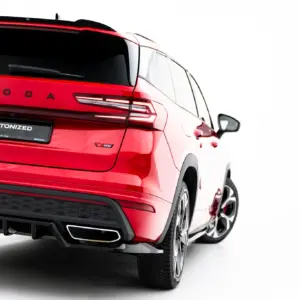Red Skoda SUV shown from rear-right, highlighting the taillights and RS badge against a white background.