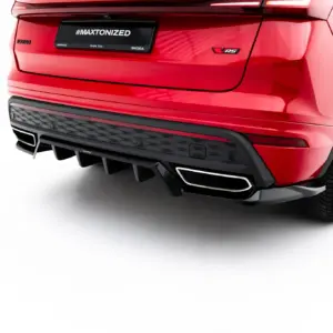 Rear of a red ŠKODA SUV with KODIAQ badge, VRS emblem, and a black lower bumper area