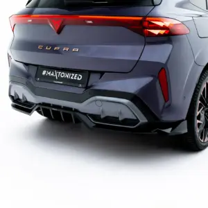 Rear view of a gray Cupra car showing illuminated tail lights, rear badge, and a plate reading #MAXTONIZED