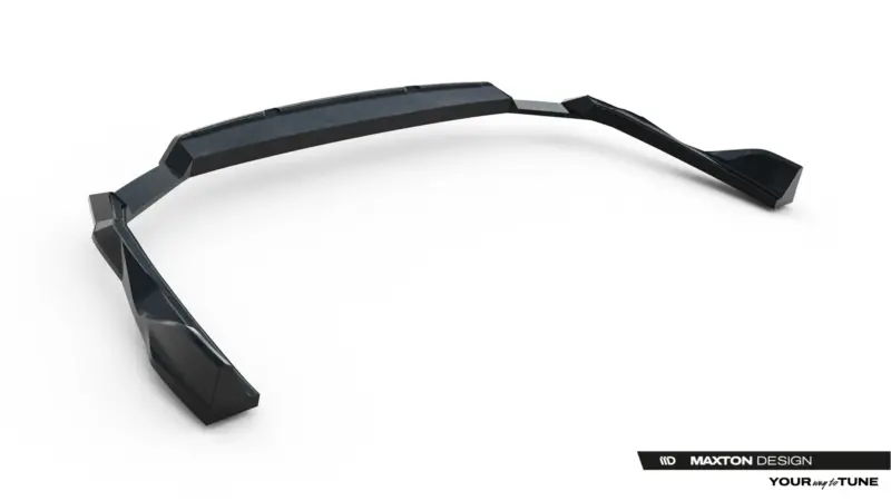 pol_po_Rear-Splitter-with-vertical-bars-V-4-Audi-A6-S-Line-C9-24007_3webp - OPSHOLDERS Curved, faceted black automotive trim piece on a white background with Maxton Design branding.