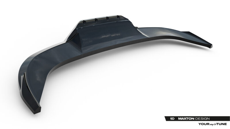 Product render of black curved sunglasses on a white background, featuring an elevated center bridge and glossy finish.