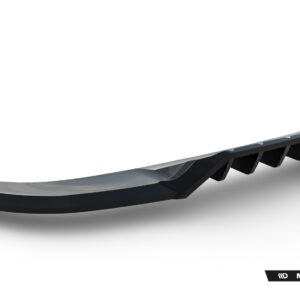 Curved, dark automotive aero lip or splitter with serrated underside, viewed from a low angle against a white background (Maxton Design watermark).
