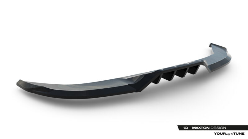 Curved, dark automotive aero lip or splitter with serrated underside, viewed from a low angle against a white background (Maxton Design watermark).