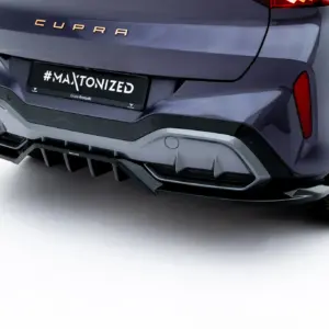 Rear view of a dark blue CUPRA car with a license plate reading #MAXTONIZED