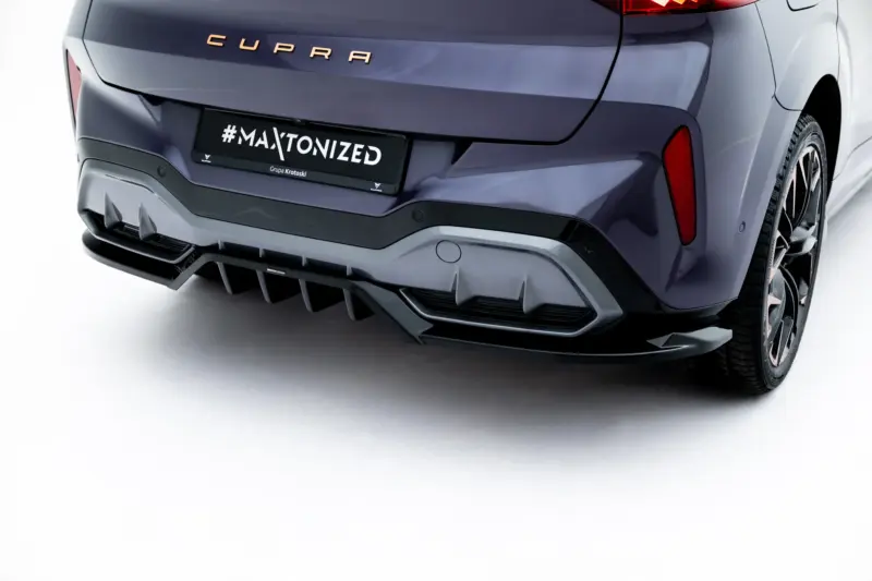 Rear view of a dark blue CUPRA car with a license plate reading #MAXTONIZED