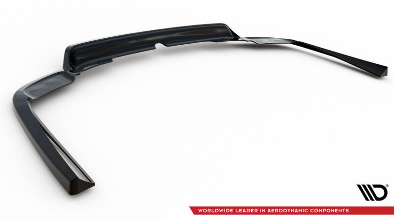 Close-up of a curved black windshield wiper blade on a white background, showcasing its sleek automotive design.