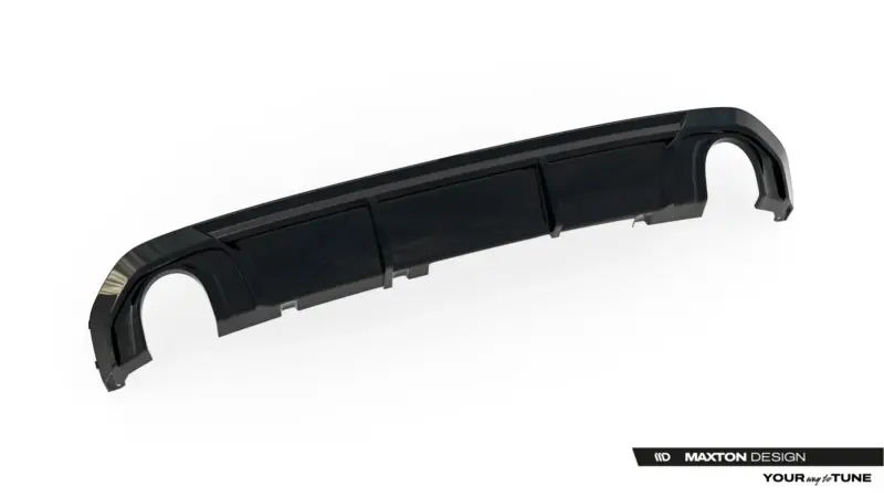 Glossy black car body kit side sill with mounting clips, photographed at an angle and brand visible in the corner.