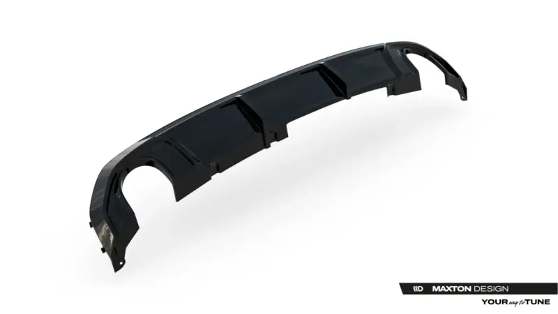 Dark automotive bumper cover or aero lip component, shown in side view with mounting brackets against a white background (Maxton Design branding visible).