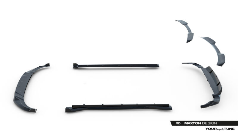 pol_po_Set-of-Prepreg-Carbon-Fiber-Splitters-Audi-RSQ8-Mk1-Facelift-23818_26jpg - OPSHOLDERS Disassembled curved automotive trim pieces arranged in a rough circle on a white background, with Maxton Design logo in the corner.