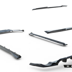 Set of carbon fiber automotive aero parts (splitters, side skirts, diffuser) laid out on a white background; Maxton Design branding visible in corner.