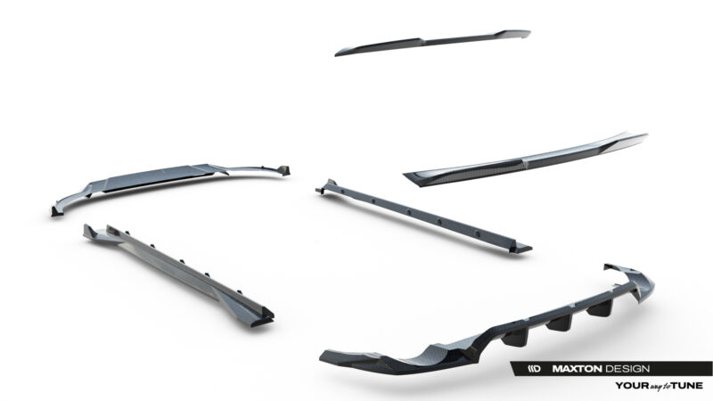 pol_po_Set-of-Prepreg-Carbon-Fiber-Splitters-Audi-RSQ8-Mk1-Facelift-23818_27jpg - OPSHOLDERS Set of carbon fiber automotive aero parts (splitters, side skirts, diffuser) laid out on a white background; Maxton Design branding visible in corner.