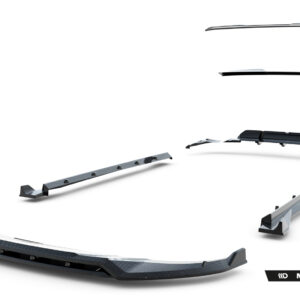 Exploded view of a carbon-fiber aerodynamic kit laid out on a white background, with Maxton Design branding in the corner.