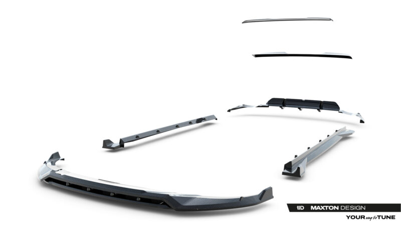 pol_po_Set-of-Prepreg-Carbon-Fiber-Splitters-Audi-RSQ8-Mk1-Facelift-23818_28jpg - OPSHOLDERS Exploded view of a carbon-fiber aerodynamic kit laid out on a white background, with Maxton Design branding in the corner.