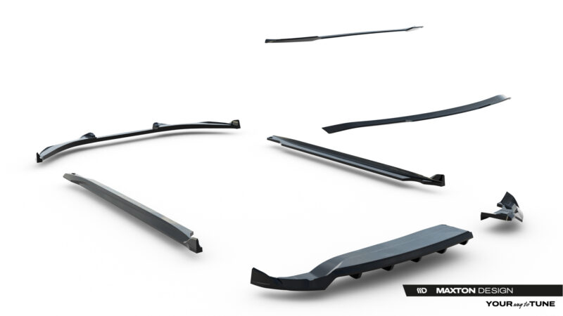 Several car windshield wiper blades scattered on a white background with the MaxTon Design logo in the bottom-right corner.