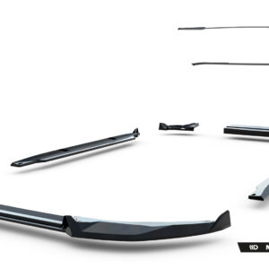 Disassembled glossy-black automotive body parts (splitters and side skirts) laid out on a white studio background, with Maxton Design branding in the corner.