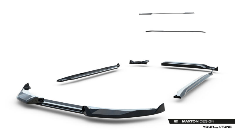 Disassembled glossy-black automotive body parts (splitters and side skirts) laid out on a white studio background, with Maxton Design branding in the corner.