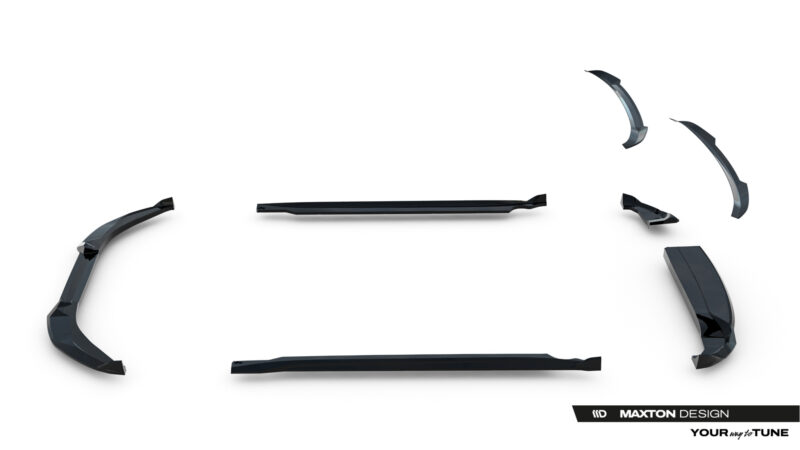 Several black automotive trim pieces arranged in a scattered layout on a white studio background, with a Maxton Design watermark in the corner.