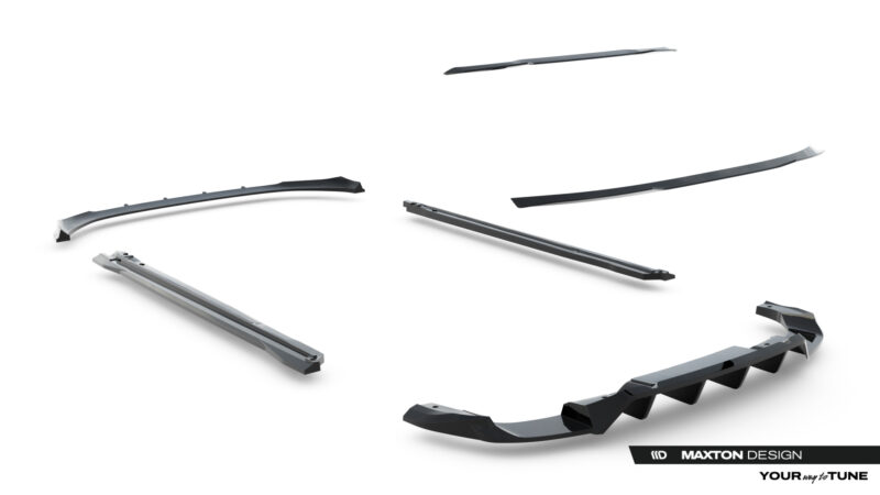 Assorted Maxton Design car aero parts (spoilers and side skirts) laid out on a white background.