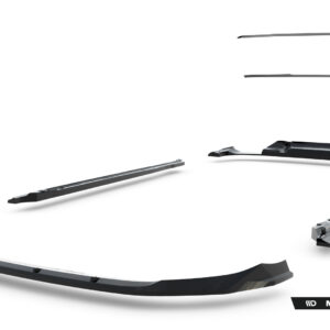 Exploded view of Maxton Design car body kit parts laid out on a white background, including side skirts and bumper pieces.