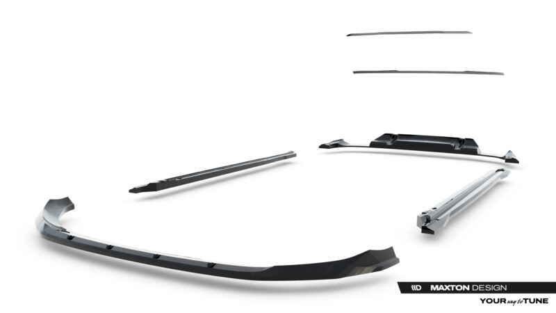 Exploded view of Maxton Design car body kit parts laid out on a white background, including side skirts and bumper pieces.
