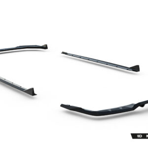 Disassembled automotive bumper pieces curved and scattered on a white studio background, with a MaxTon Design watermark in the corner.
