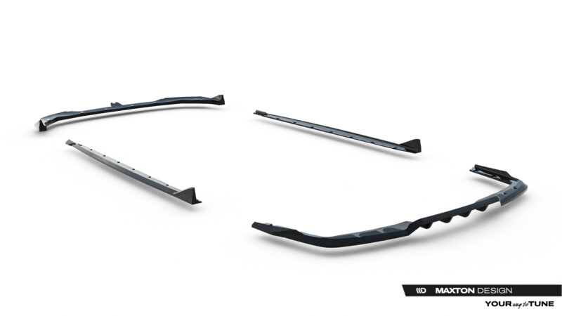 pol_po_Set-of-Splitters-BMW-2-M-Pack-Gran-Coupe-F74-23856_14jpg - OPSHOLDERS Disassembled automotive bumper pieces curved and scattered on a white studio background, with a MaxTon Design watermark in the corner.