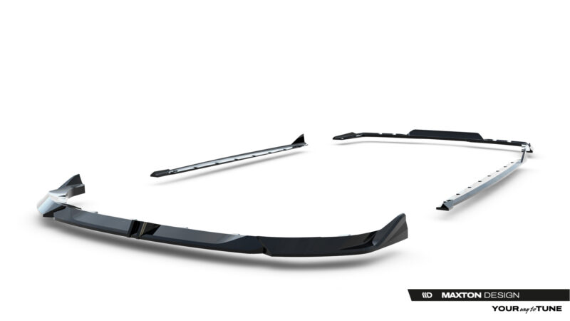 pol_po_Set-of-Splitters-BMW-2-M-Pack-Gran-Coupe-F74-23856_15jpg - OPSHOLDERS Exposed automotive body kit components, including side skirts and bumper pieces, laid out on a white background with Maxton Design branding visible in the corner.