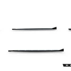 Disassembled dark plastic car body kit parts arranged in a rough circle on a white background, with the Maxton Design logo in the bottom-right corner.