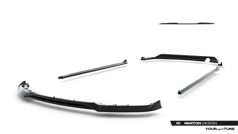 Detached chrome car bumper pieces floating on a white background, with Maxton Design branding at the bottom right.