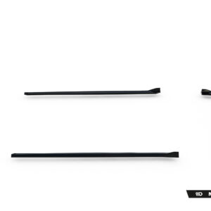 Set of black windshield wiper blades laid out on a white background, show­ing the individual parts.