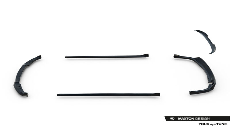 Set of black windshield wiper blades laid out on a white background, show­ing the individual parts.