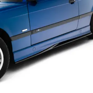 Blue BMW side view showing the door, body molding, and alloy wheel with BMW emblem visible
