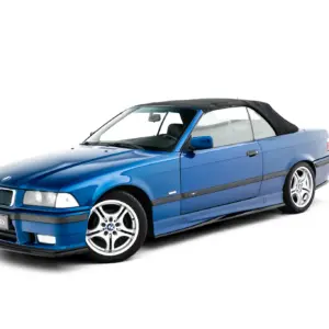 Blue BMW convertible with a black soft top, angled front-left view on white background (car branding visible).