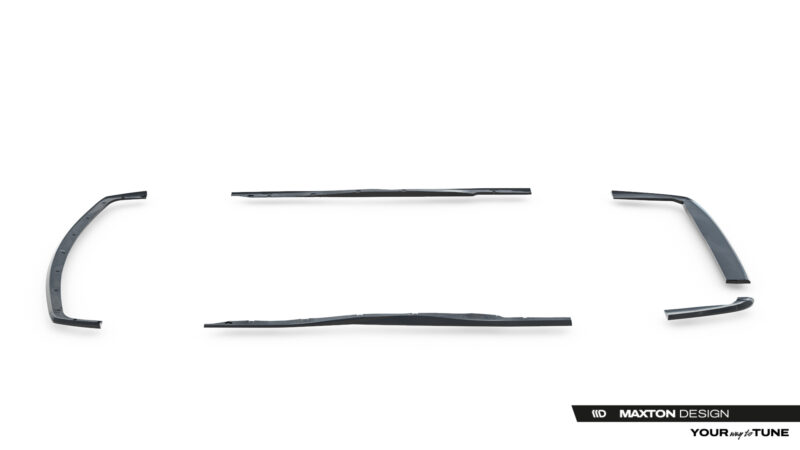 Disassembled windshield wiper blades laid out on a white background, showing curved side arms and long central blades with a Maxton Design branding area in the corner.